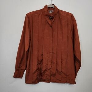 Vintage David Benjamin 8 Rust Pleated Blouse Statement Neck Button Shoulder Pads